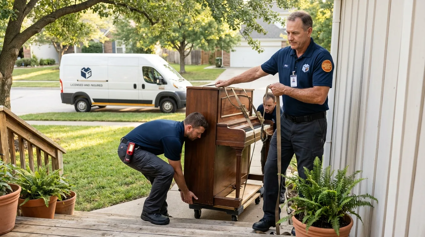 Licensed piano movers securing grand piano in East Machias, ME