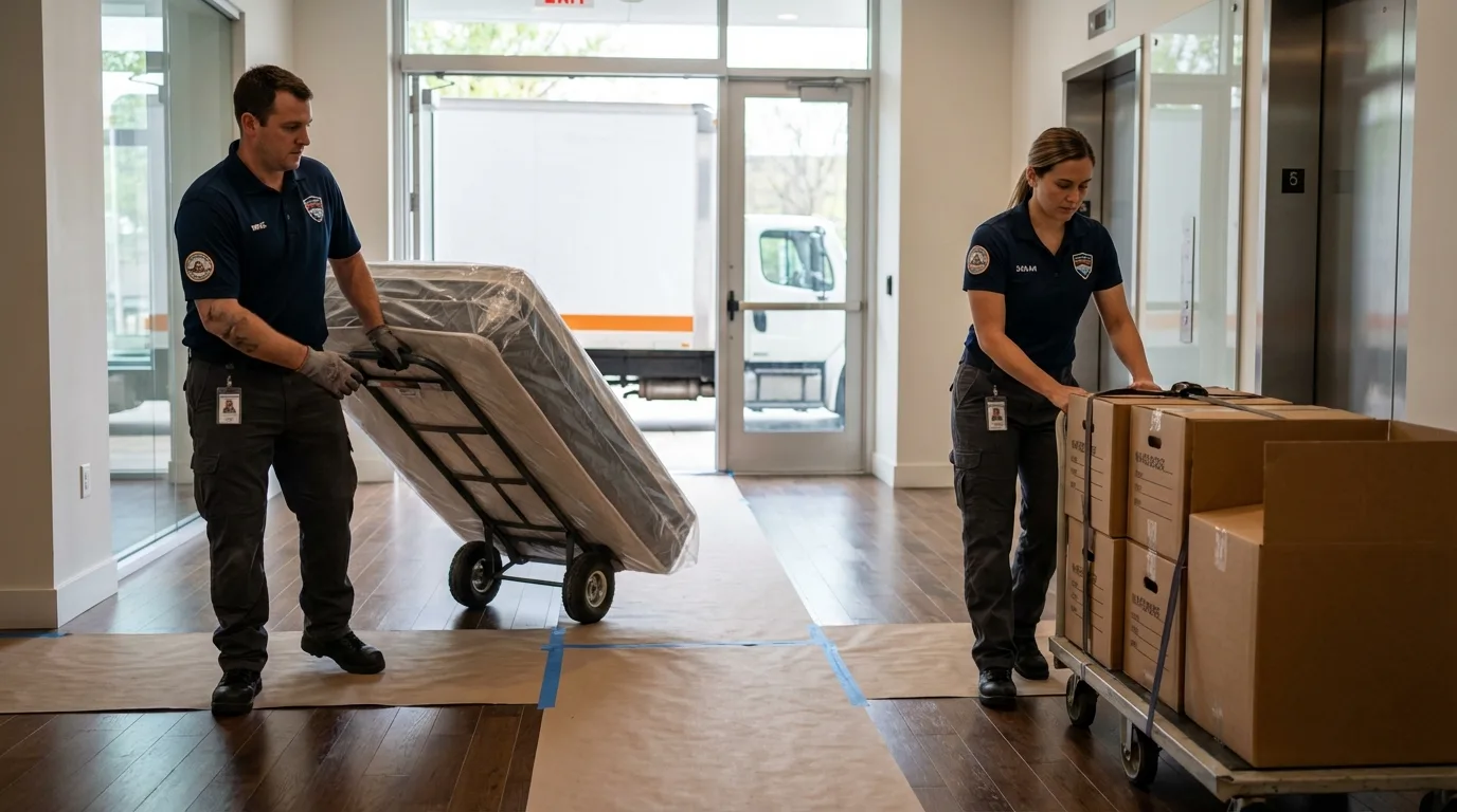 Professional apartment movers loading elevator in East Machias, ME