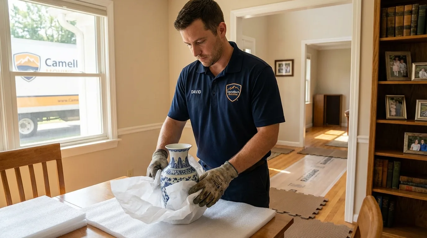 Professional crew carefully wrapping antique vase for senior downsizing move in East Machias, ME