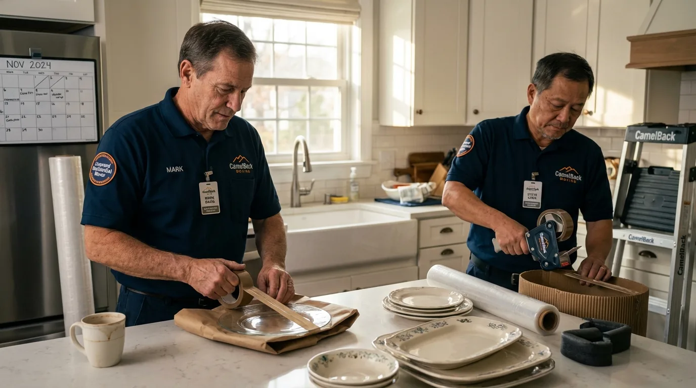 Professional crew packing kitchen dishware in East Machias, ME